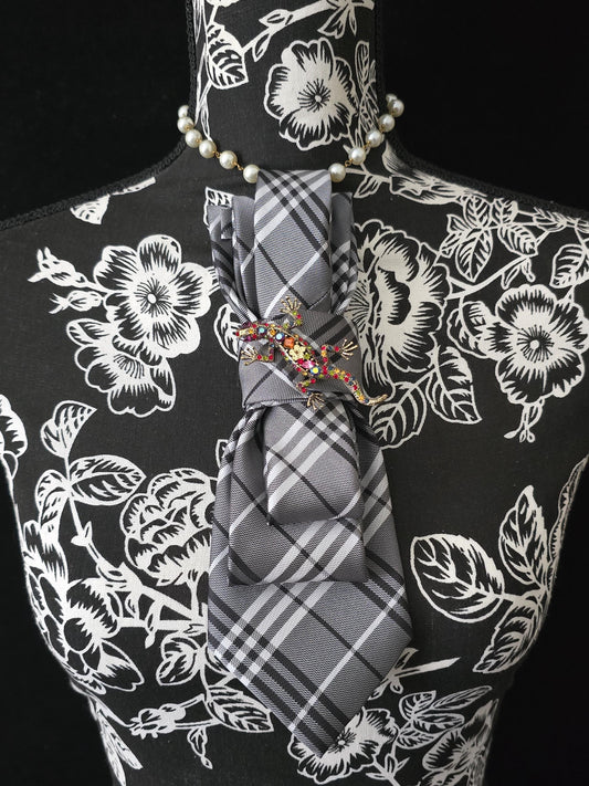 Black and White Plaid Women's Necktie Necklace - Handcrafted Jewelry - Brooch Necktie - Stylish Neckwear For Women