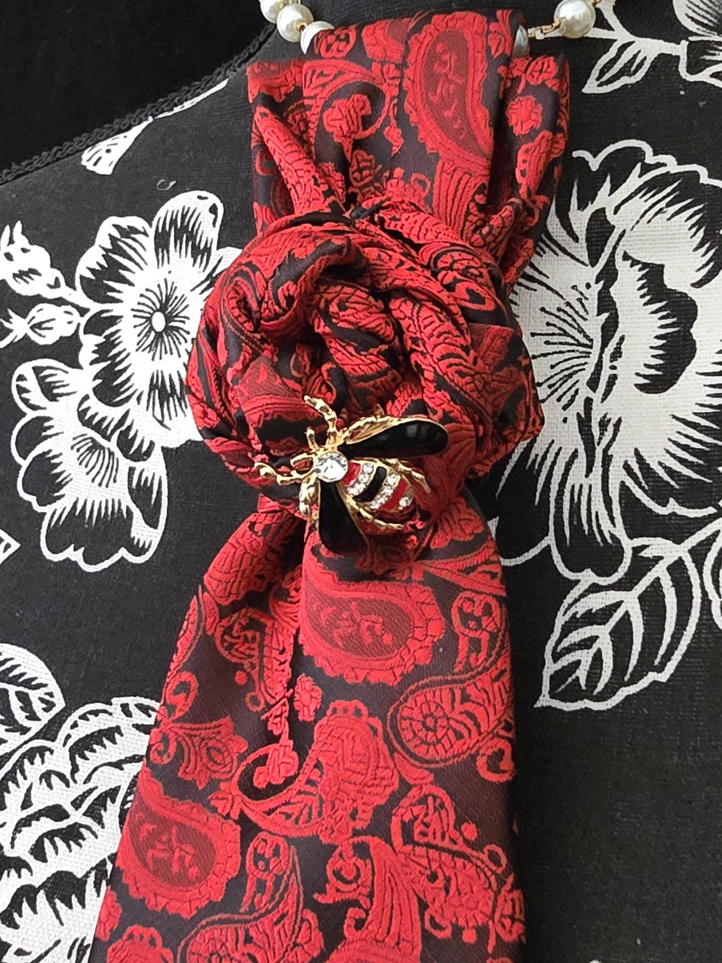Simply Elegant Red Paisley Women's Necktie Necklace - Handcrafted Statement Jewelry - Brooch Necktie - Stylish Neckwear For Women