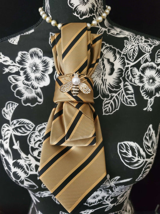 100% Silk Brooch Necktie - Simply Elegant Black and Gold Stripe Women's Necktie Necklace