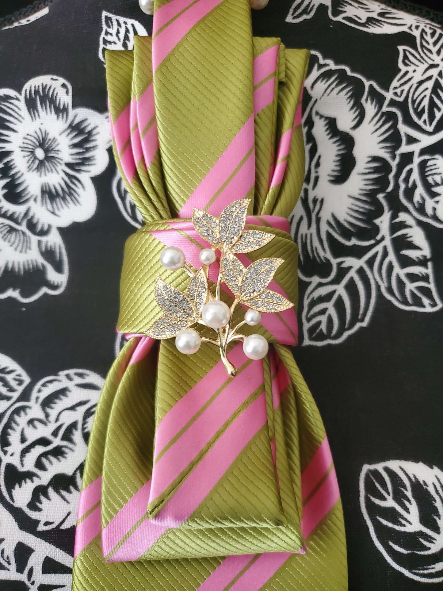 Simply Elegant Pink and Green Stripe Women's Necktie Necklace - Handcrafted Statement Jewelry - Ivy Brooch Necktie For Women
