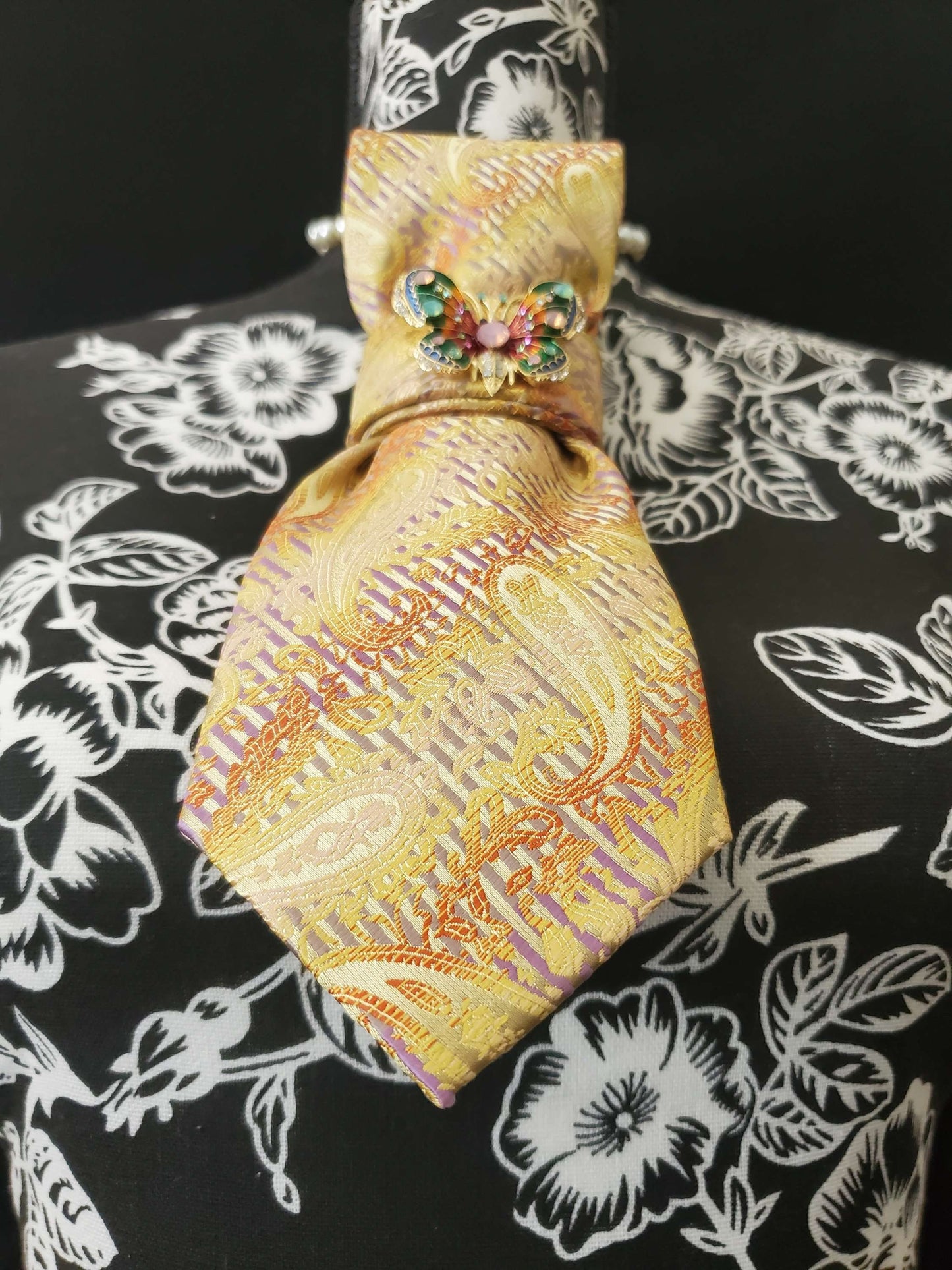 Paisley Necktie Necklace: Yellow Orange Silk Tie, Butterfly Brooch