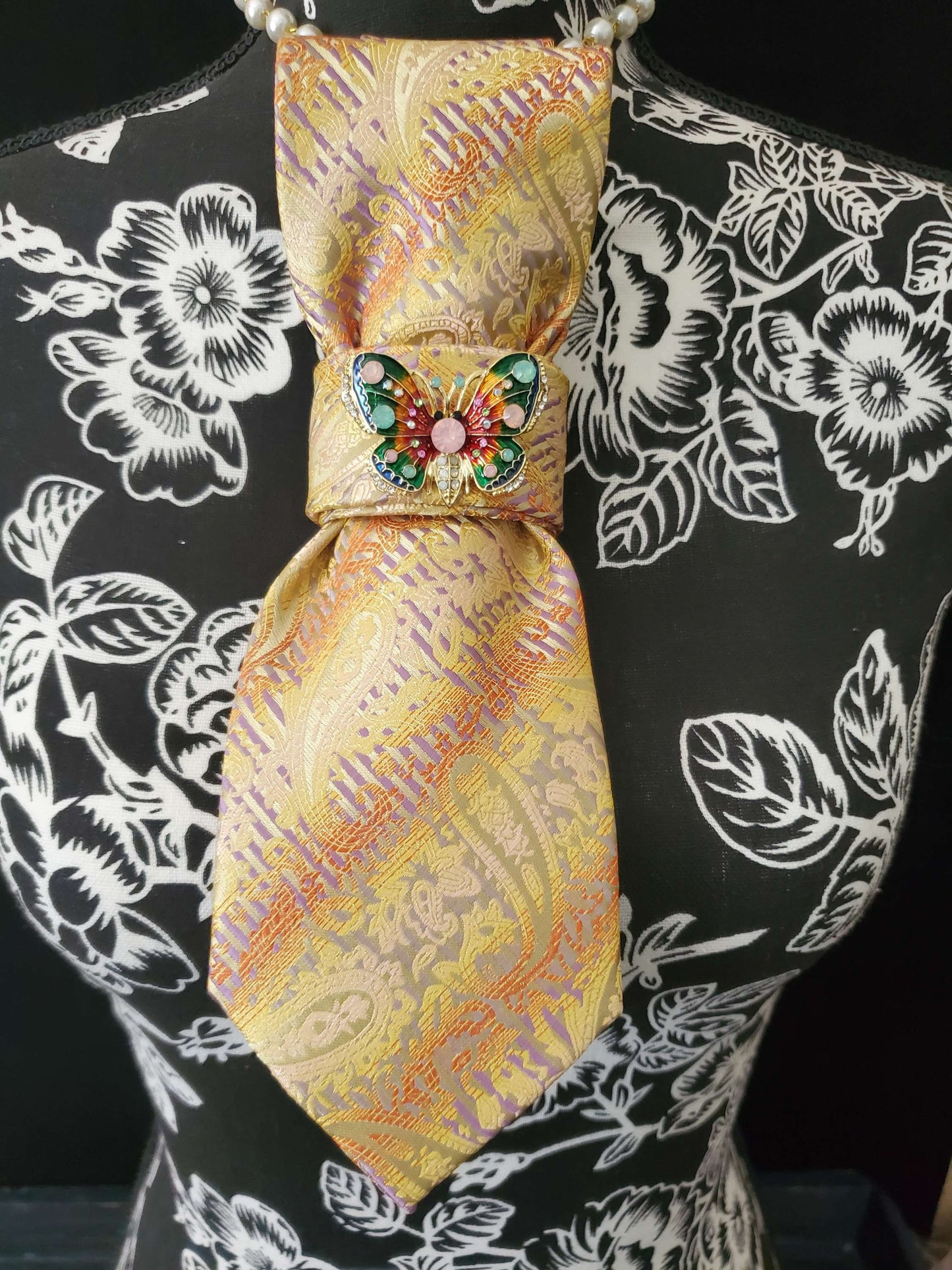 Paisley Necktie Necklace: Yellow Orange Silk Tie, Butterfly Brooch