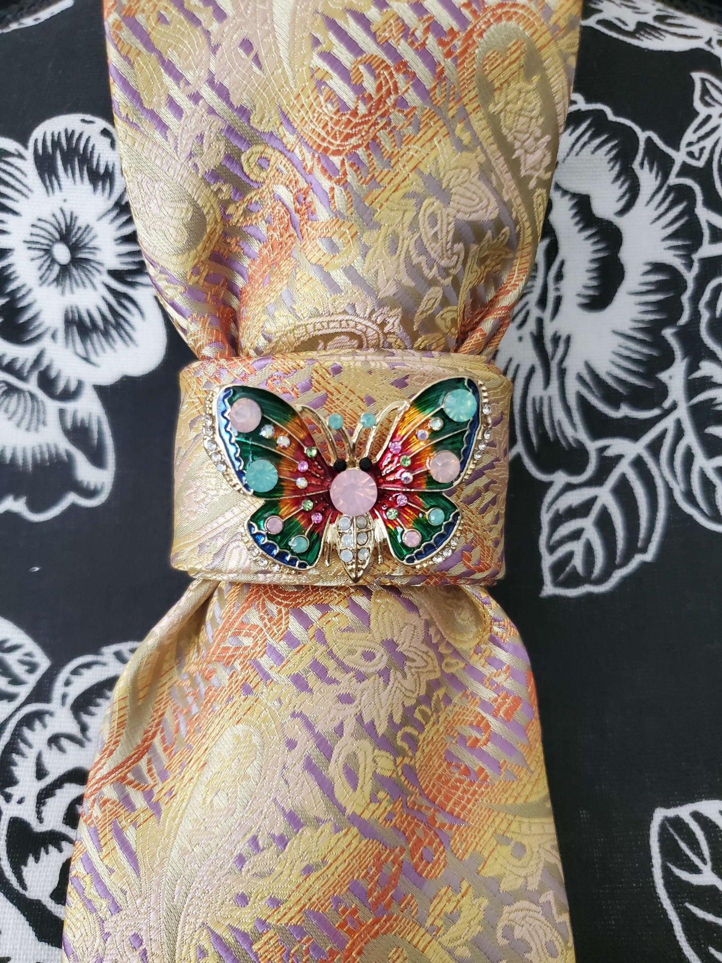 Paisley Necktie Necklace: Yellow Orange Silk Tie, Butterfly Brooch