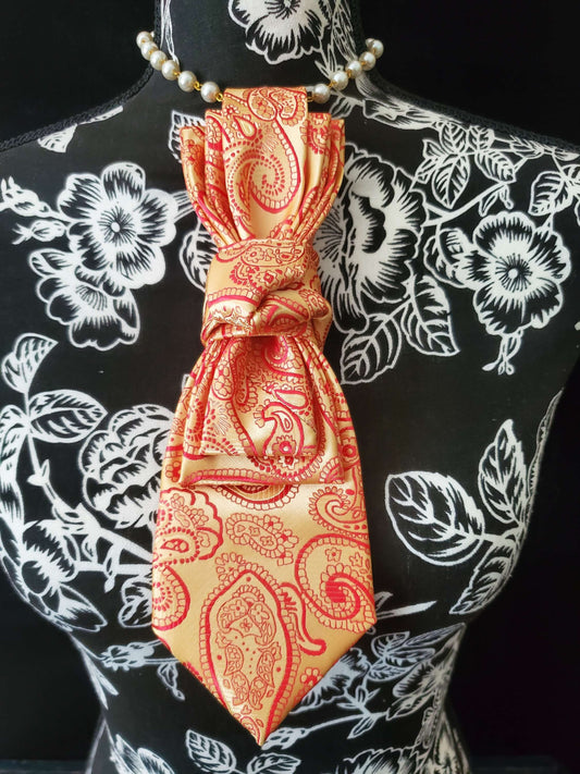 Simply Elegant Red Paisley Women's Necktie Necklace - Handcrafted Statement Jewelry - Brooch Necktie For Women