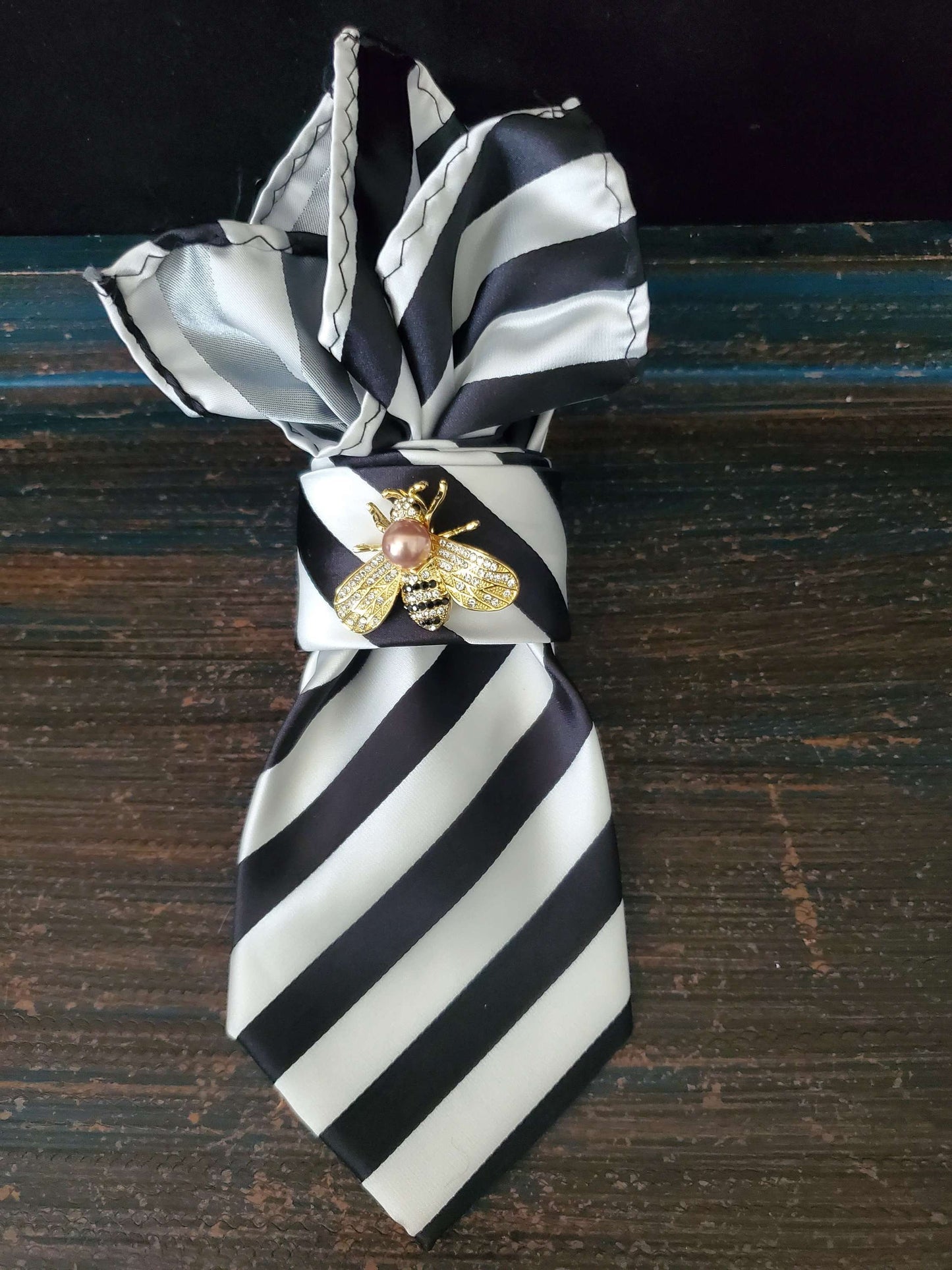 Handmade Bumble Bee Brooch Necktie: Black & White Striped Silk Necklace