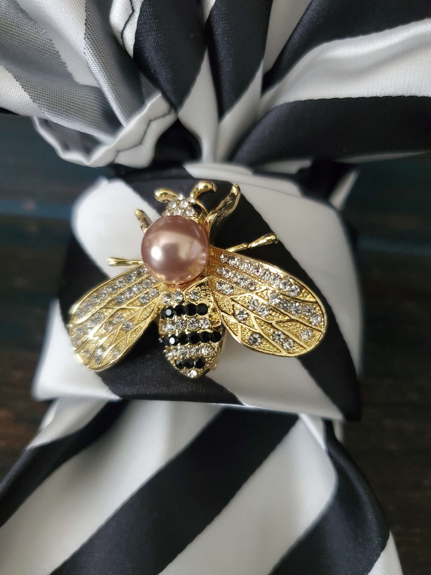 Handmade Bumble Bee Brooch Necktie: Black & White Striped Silk Necklace