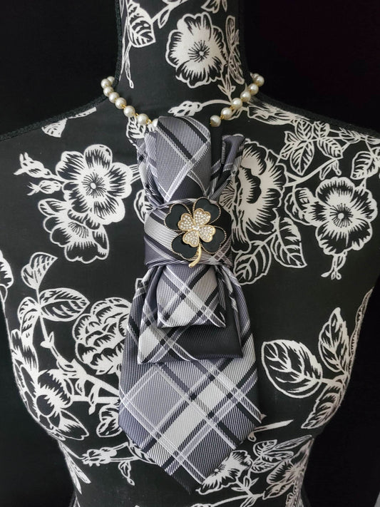 Black and White Plaid Women's Tie- Clover Brooch Necklace