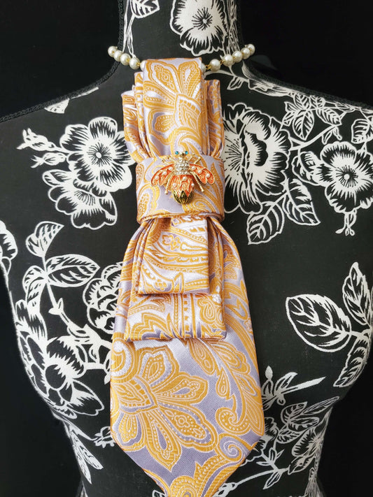 Soft Orange Paisley Women's Tie- Lady Bug Brooch Necklace