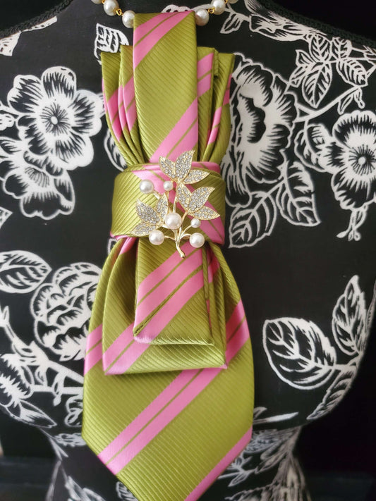 Simply Elegant Pink and Green Stripe Women's Necktie Necklace - Handcrafted Statement Jewelry - Ivy Brooch Necktie For Women