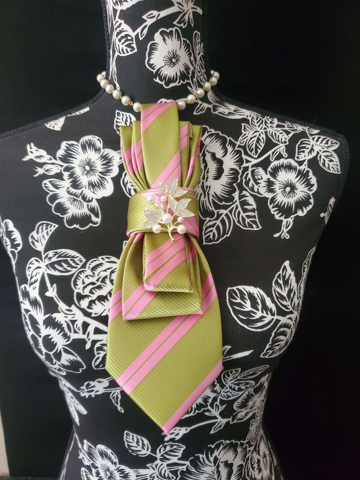 Simply Elegant Pink and Green Stripe Women's Necktie Necklace - Handcrafted Statement Jewelry - Ivy Brooch Necktie For Women