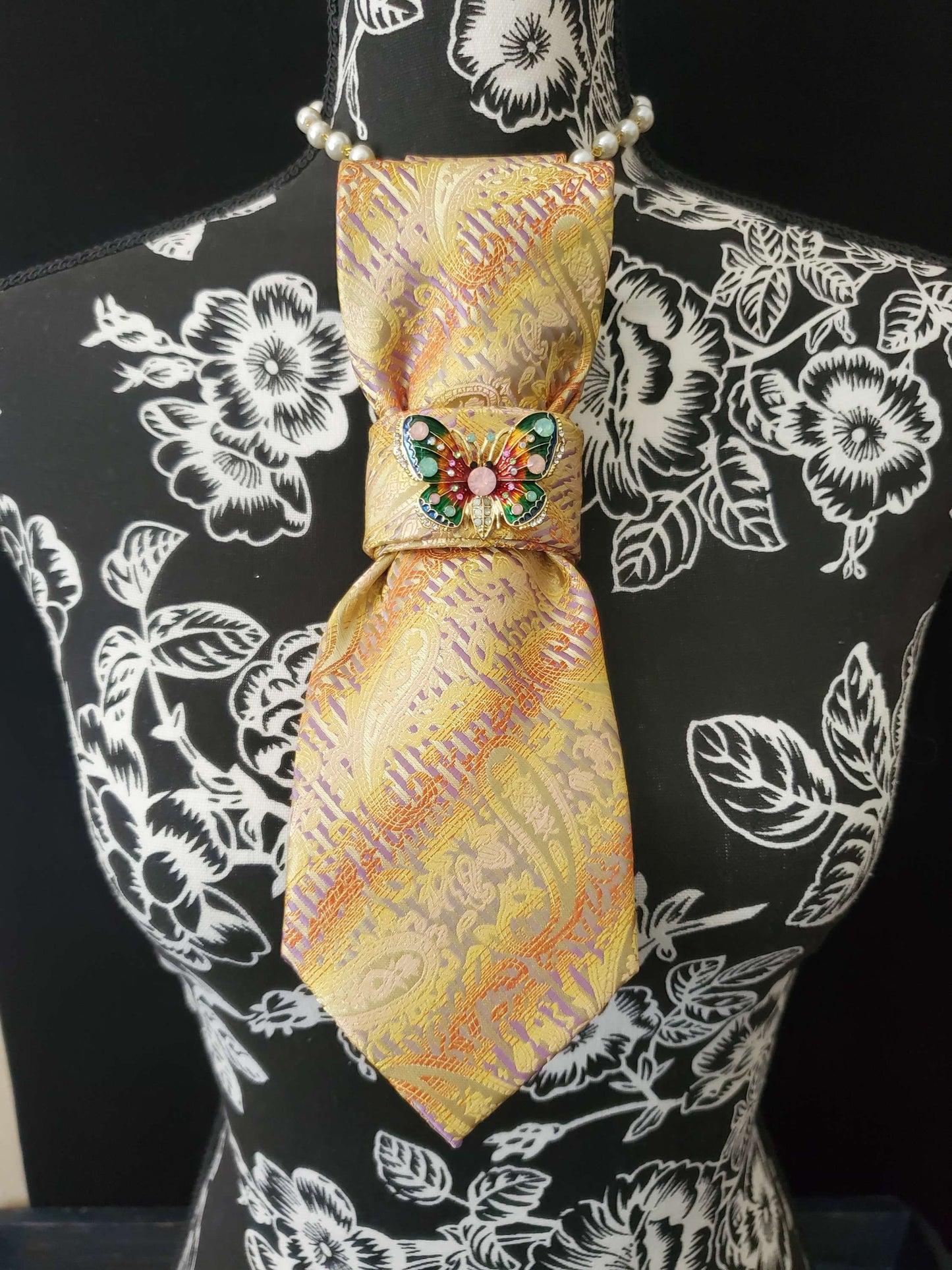 Paisley Necktie Necklace: Yellow Orange Silk Tie, Butterfly Brooch