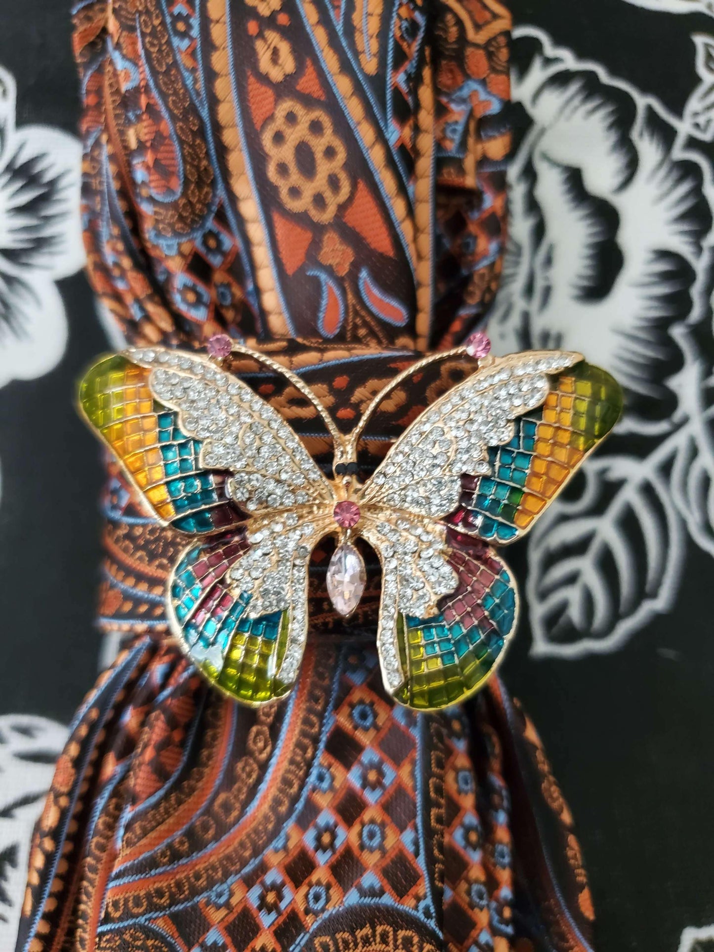 Paisley Silk Tie Necklace: Butterfly Brooch, Handcrafted Neckwear