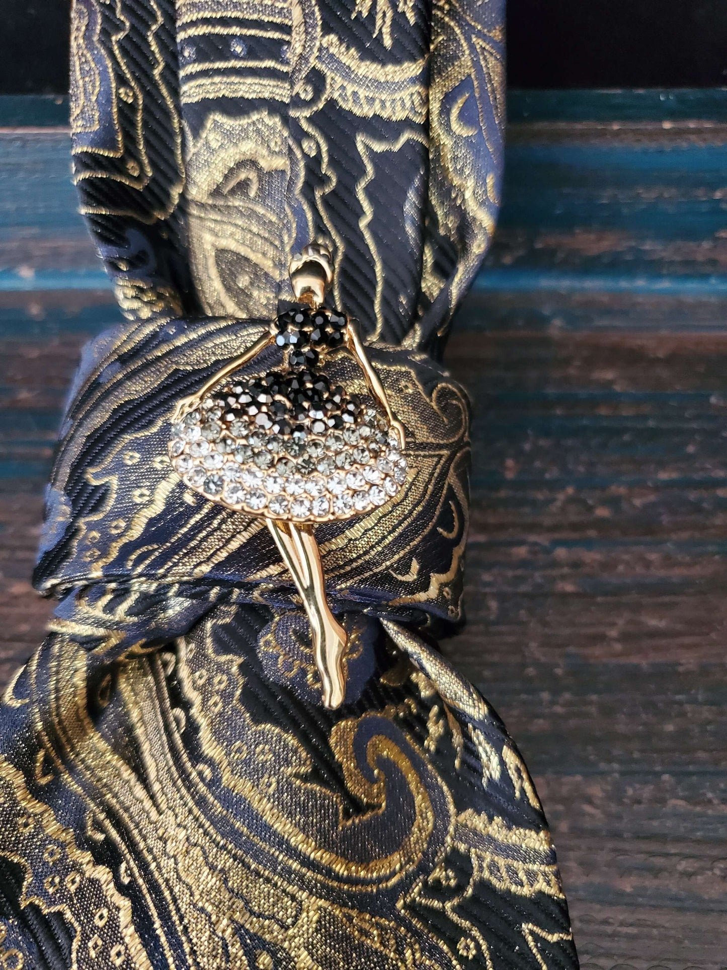 Ballerina Brooch Necklace - Black and Gold Paisley Women's Tie