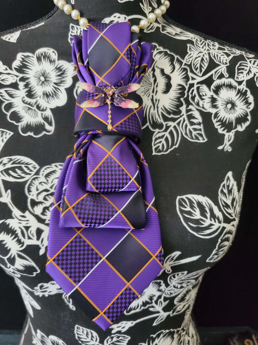 Simply Elegant Purple Plaid Women's Necktie Necklace -Dragonfly Brooch Necktie