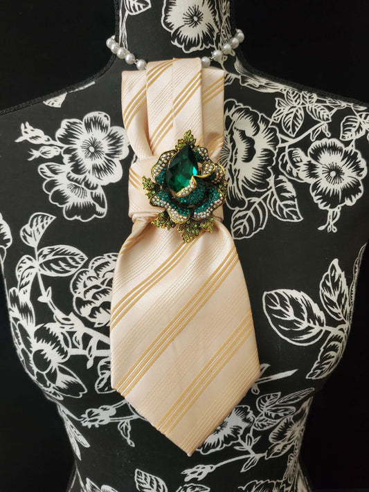 Crystal Flower Brooch Necktie: Green & Gold, Women's Silk Tie Necklace