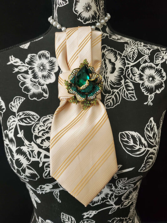 Green and Gold Crystal Flower Brooch- Gold Stripe Women's Necktie Necklace