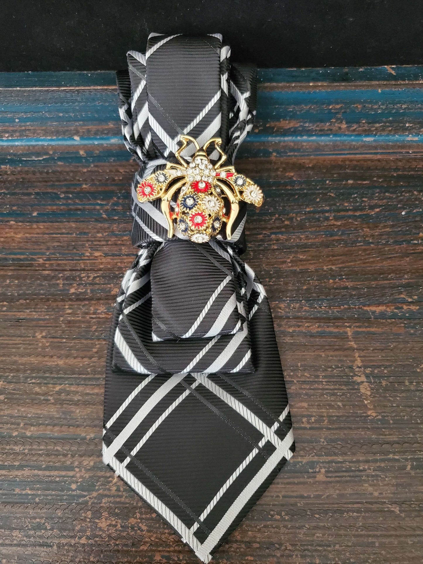 Bumble Bee Brooch- Black and White Stripe Women's Necktie Necklace