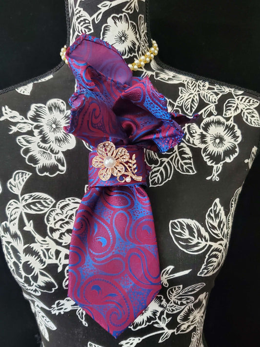 Paisley Silk Tie Necklace: Red Blue Brooch Necktie, Handcrafted Jewelry
