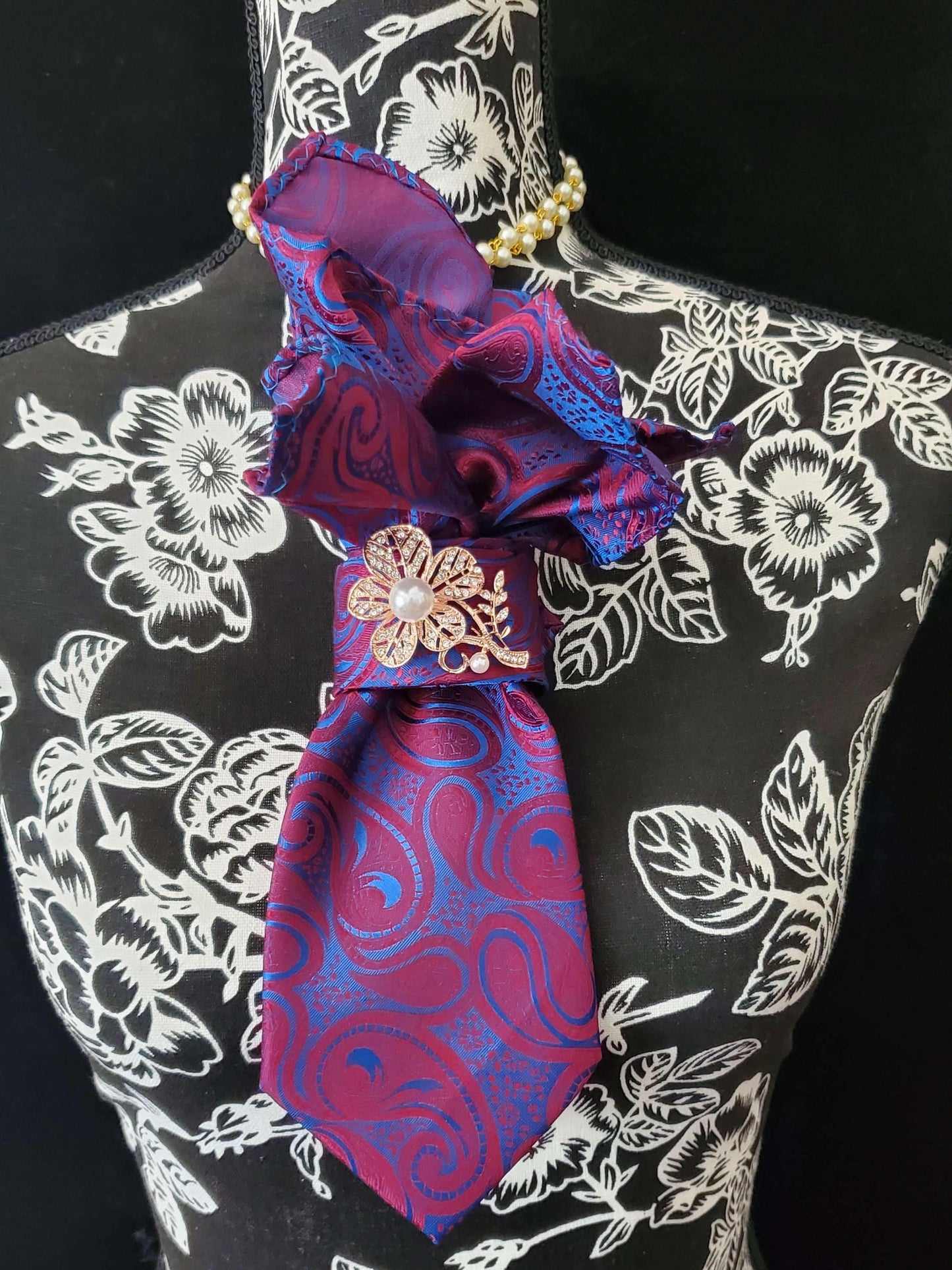 Paisley Silk Tie Necklace: Red Blue Brooch Necktie, Handcrafted Jewelry