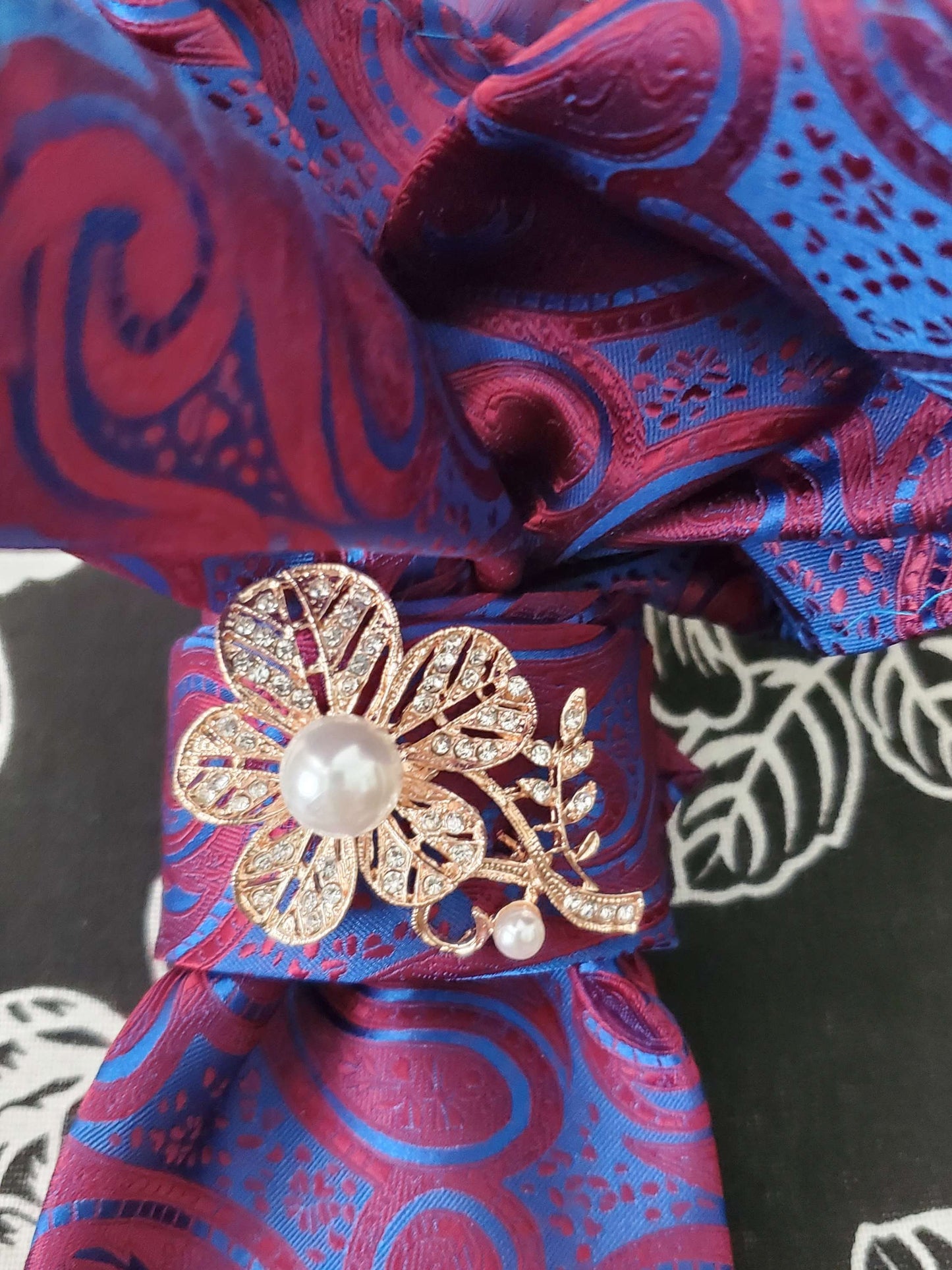 Paisley Silk Tie Necklace: Red Blue Brooch Necktie, Handcrafted Jewelry
