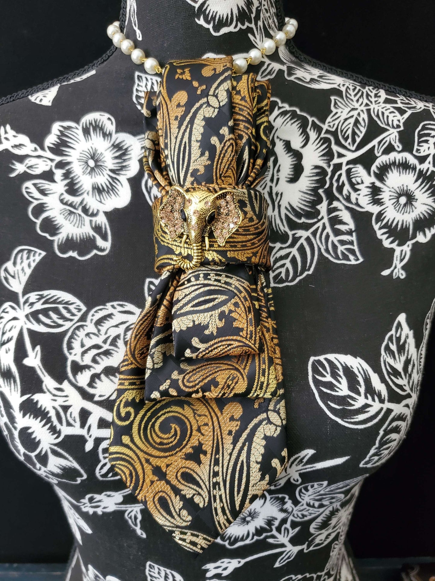 Black and Gold Paisley Women's Tie- Elephant Brooch Necklace