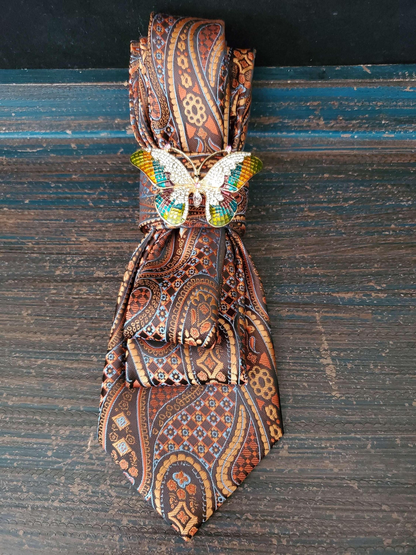 Paisley Silk Tie Necklace: Butterfly Brooch, Handcrafted Neckwear