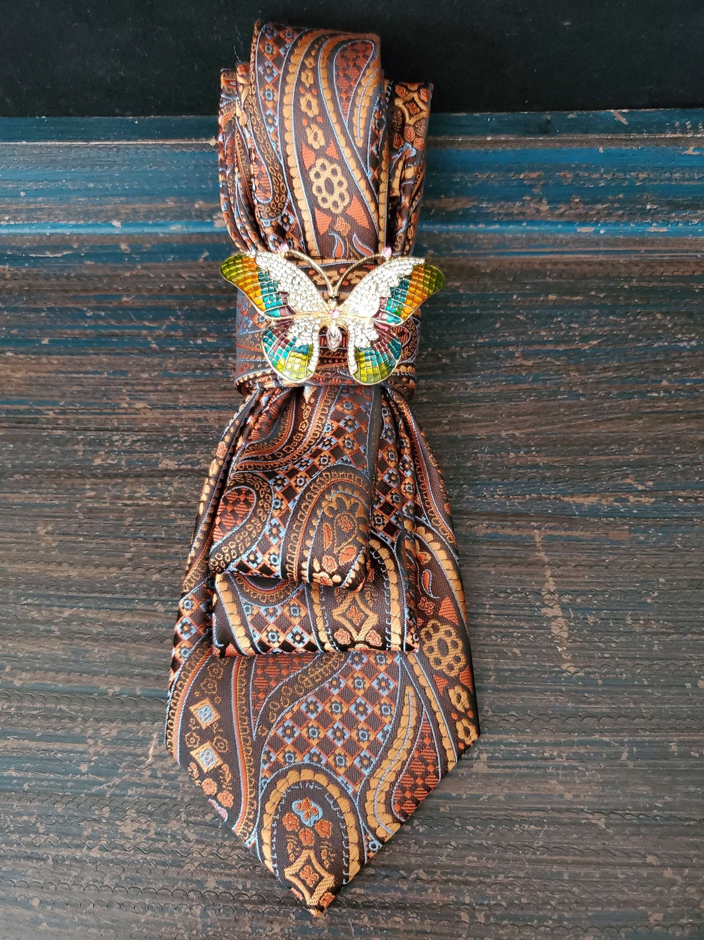 Brown and Orange Paisley Women's Tie- Butterfly Brooch Necklace