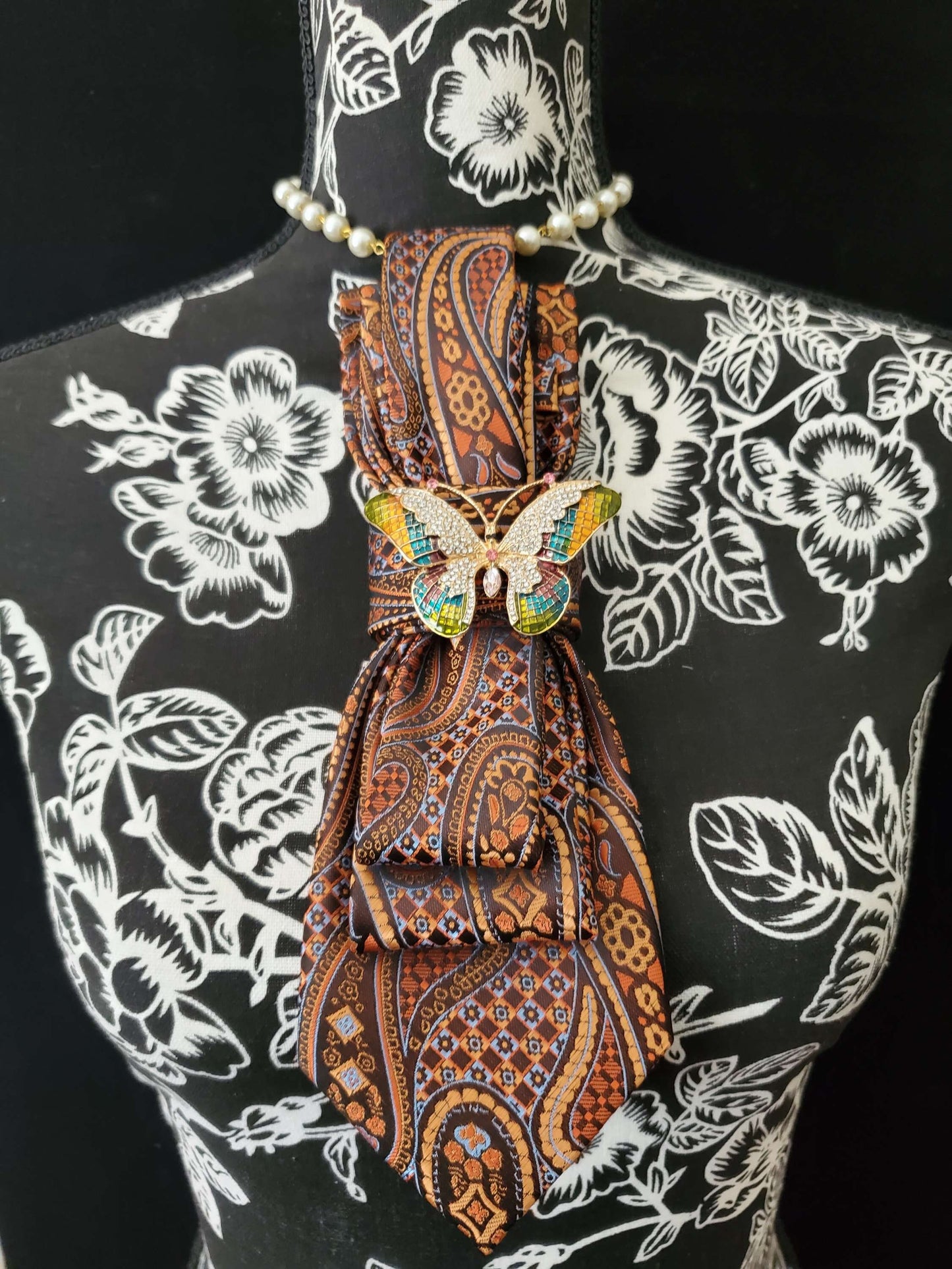 Brown and Orange Paisley Women's Tie- Butterfly Brooch Necklace