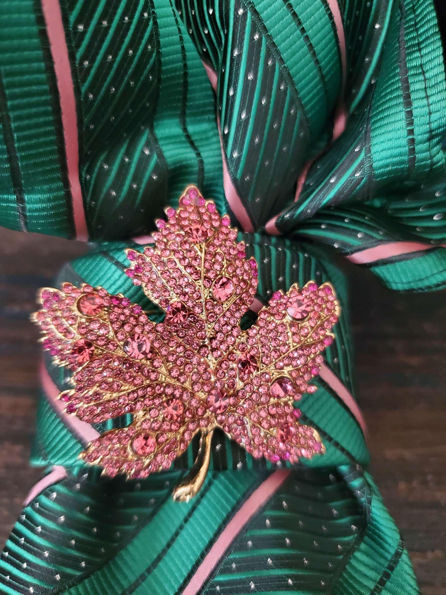 Handcrafted Silk Necktie Necklace: Pink Ivy Brooch Statement Jewelry