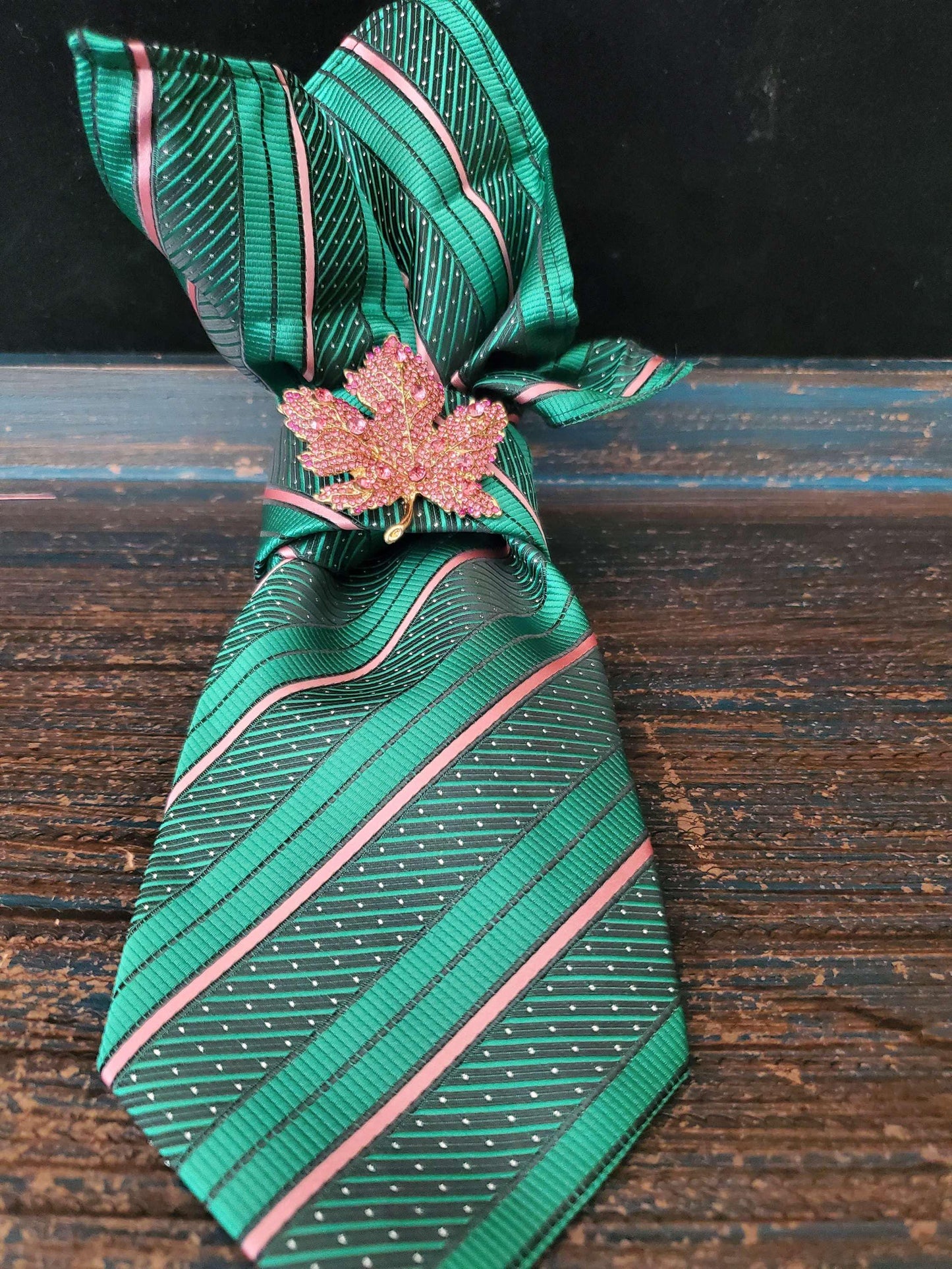 Ivy Brooch Women's Necktie Necklace - Pink and Green Stripe Necktie For Women