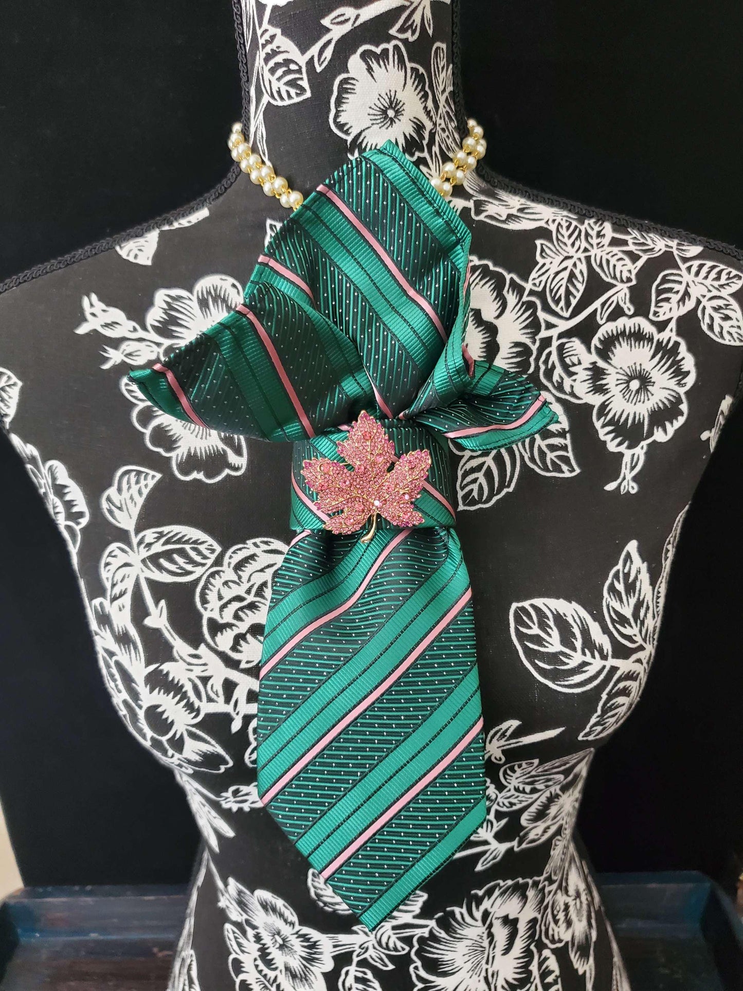 Handcrafted Silk Necktie Necklace: Pink Ivy Brooch Statement Jewelry