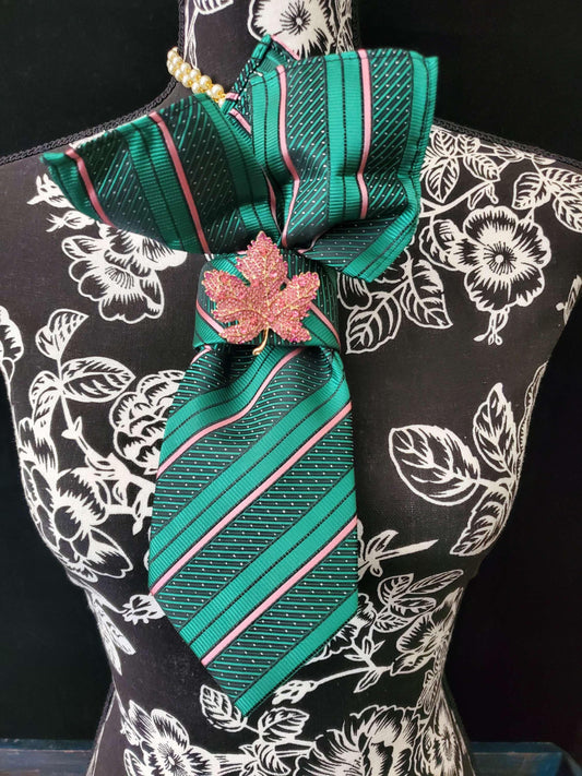 Handcrafted Silk Necktie Necklace: Pink Ivy Brooch Statement Jewelry