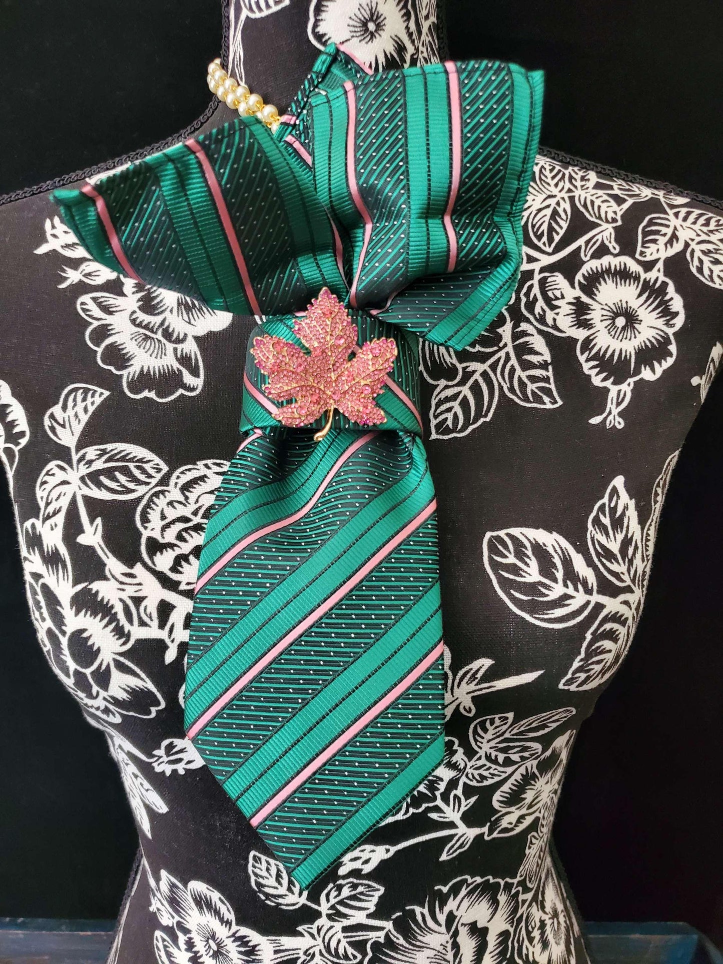 Ivy Brooch Women's Necktie Necklace - Pink and Green Stripe Necktie For Women