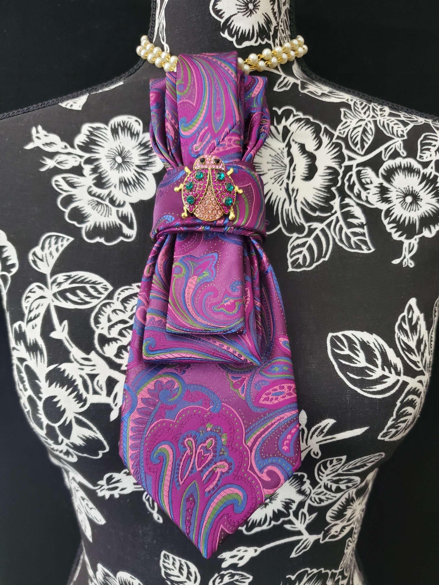 Purple and Blue Paisley Women's Tie- Lady Bug Brooch Necklace