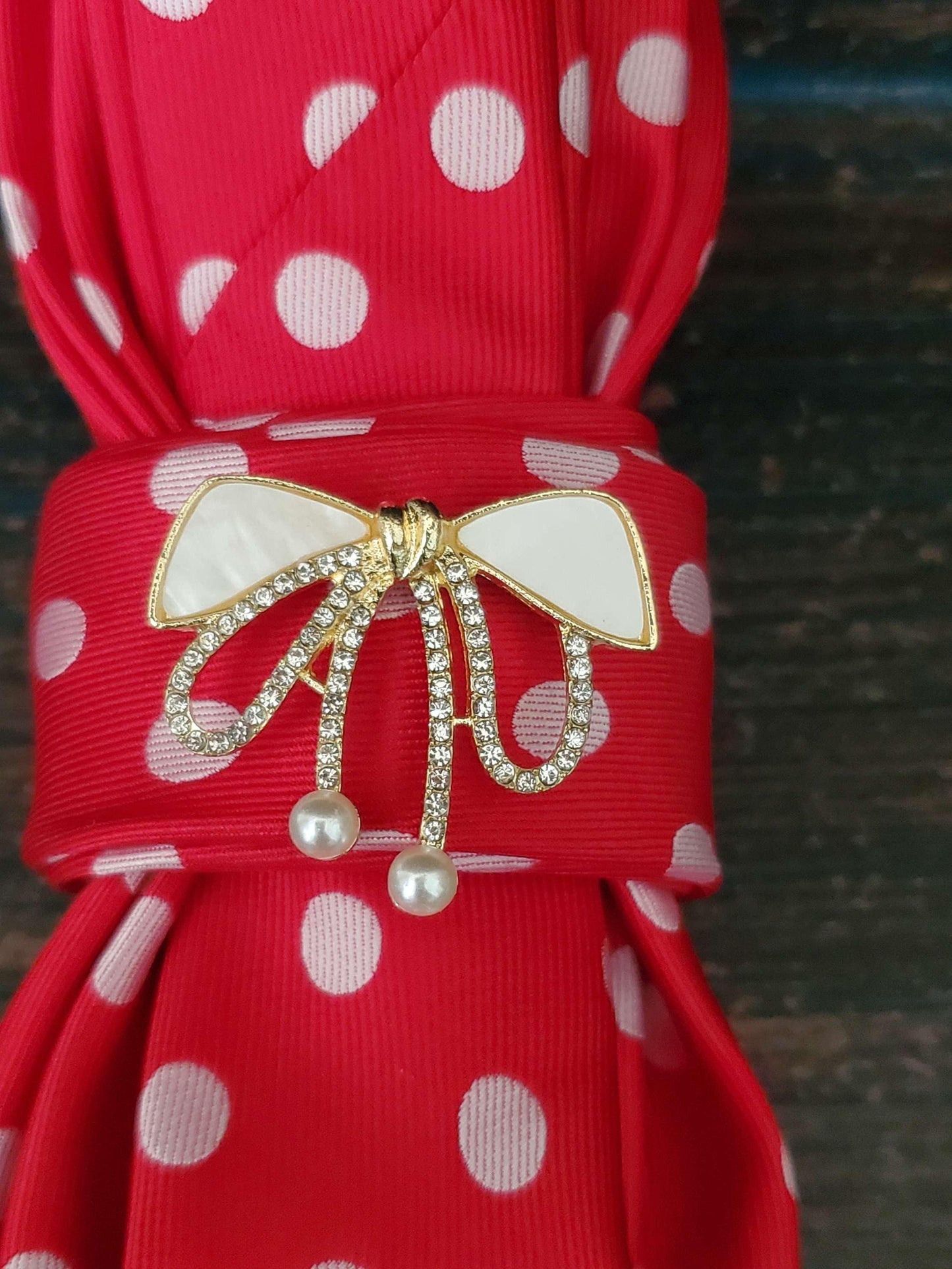 Red and White Polka Dot Women's Tie-Pearl Bow Brooch Necklace -  Stylish Necktie's For Women