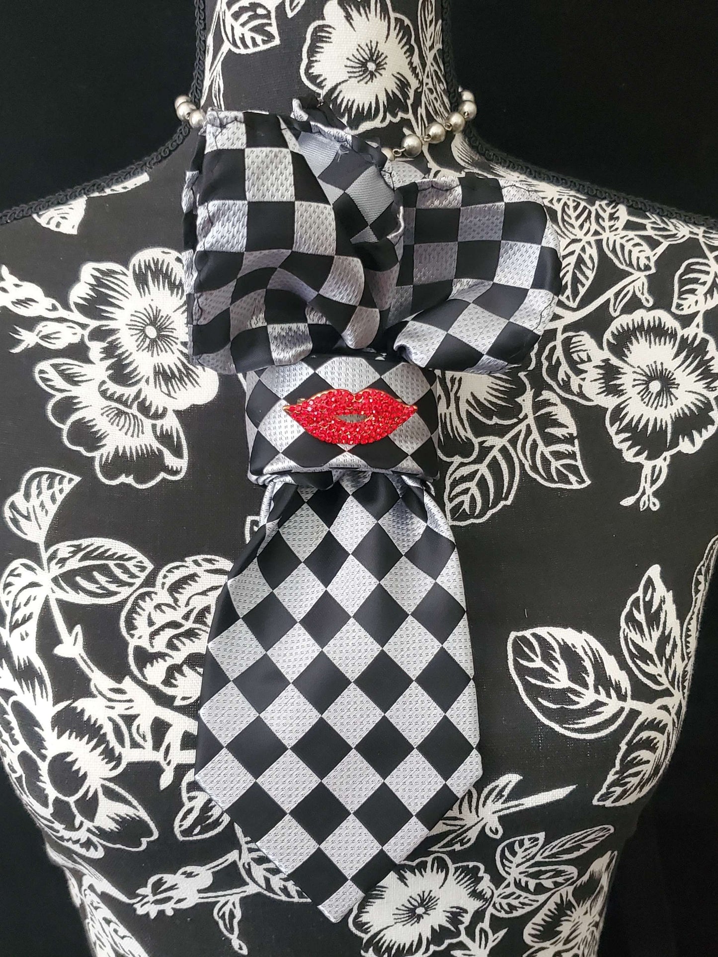 Black and Silver Checkered Women's Necktie Necklace