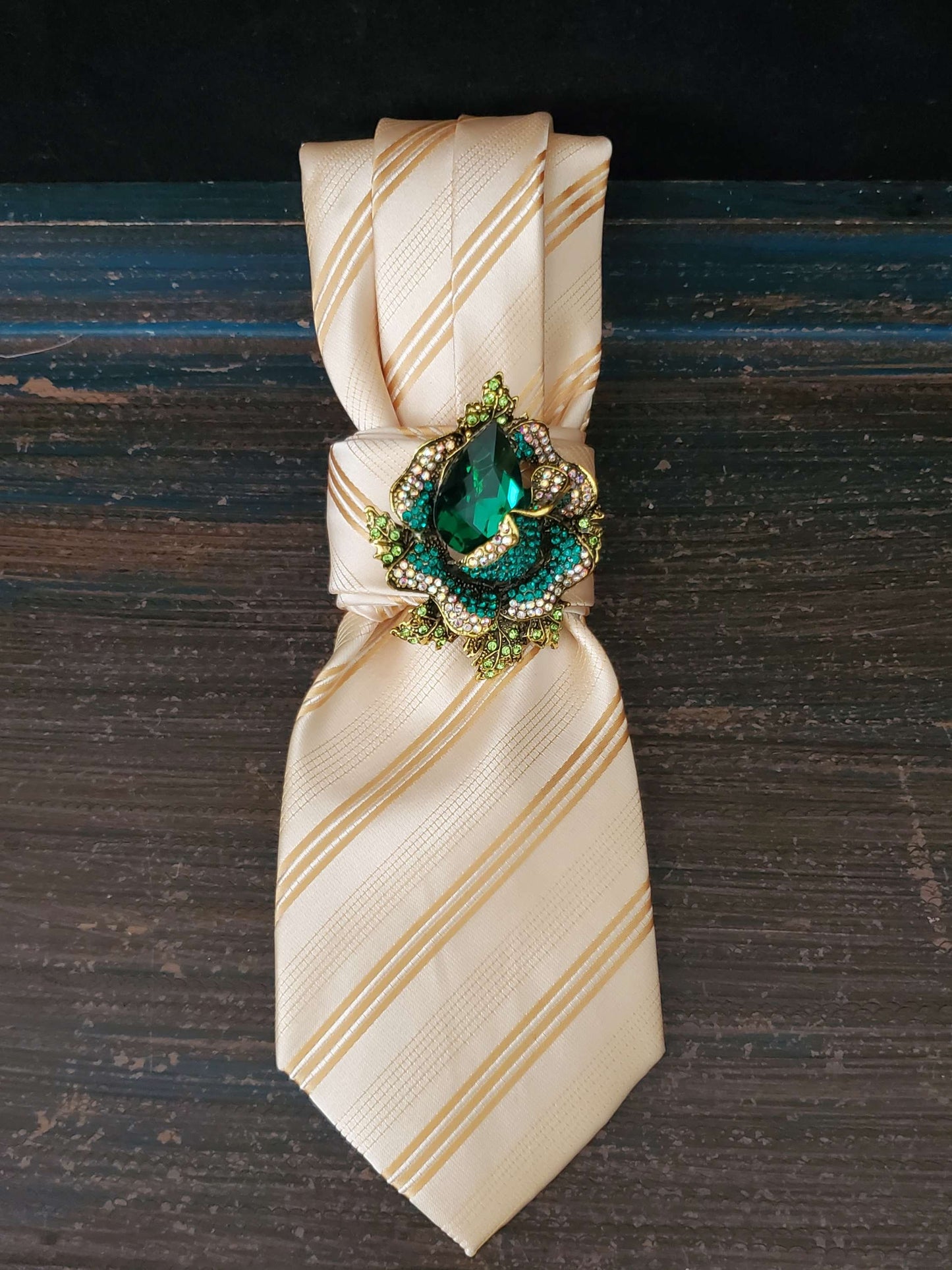 Crystal Flower Brooch Necktie: Green & Gold, Women's Silk Tie Necklace
