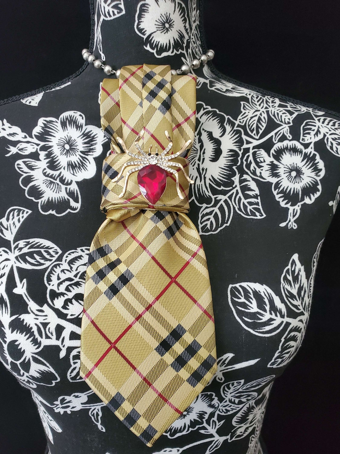 womens tie, plaid necktie necklace, red spider brooch