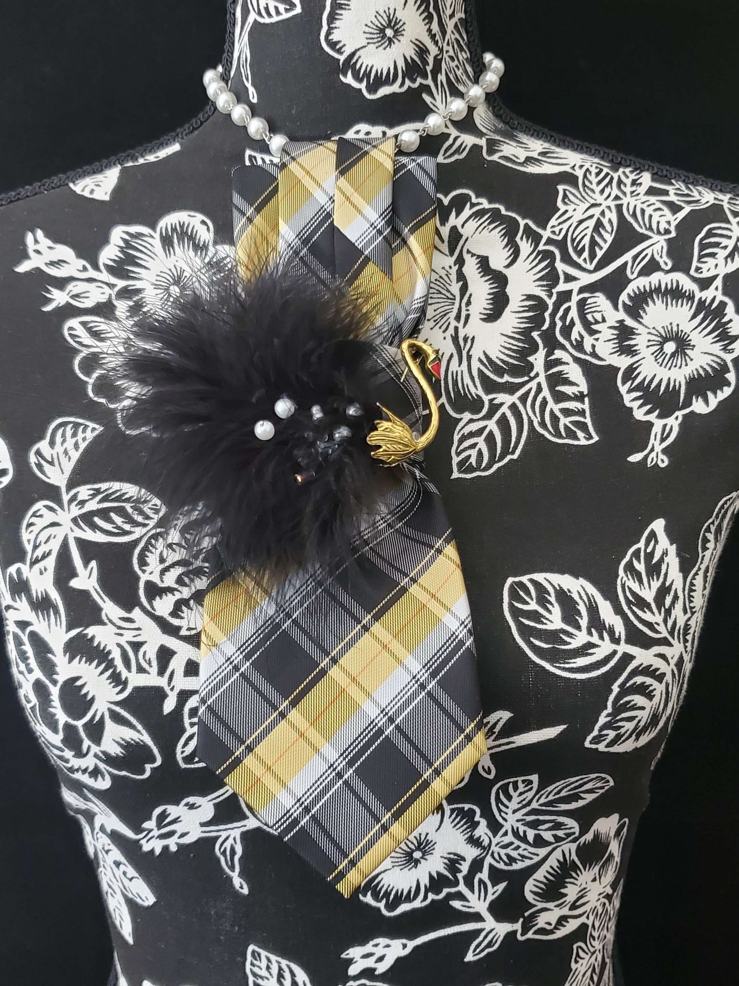 Plaid Necktie Necklace: Feather Swan Brooch, Adjustable Chain