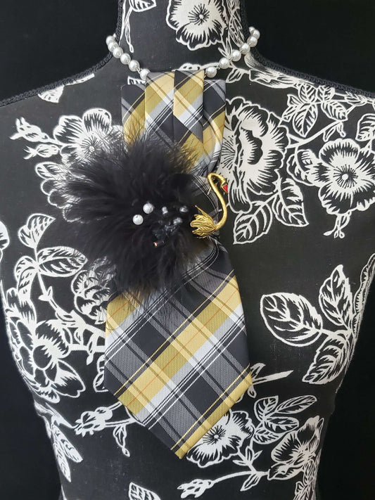 Plaid Necktie Necklace: Feather Swan Brooch, Adjustable Chain