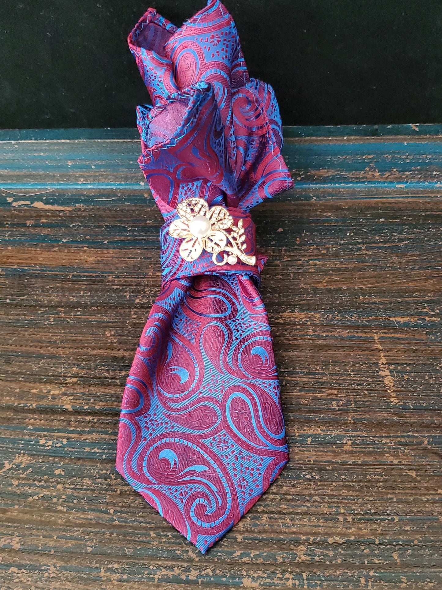Paisley Silk Tie Necklace: Red Blue Brooch Necktie, Handcrafted Jewelry
