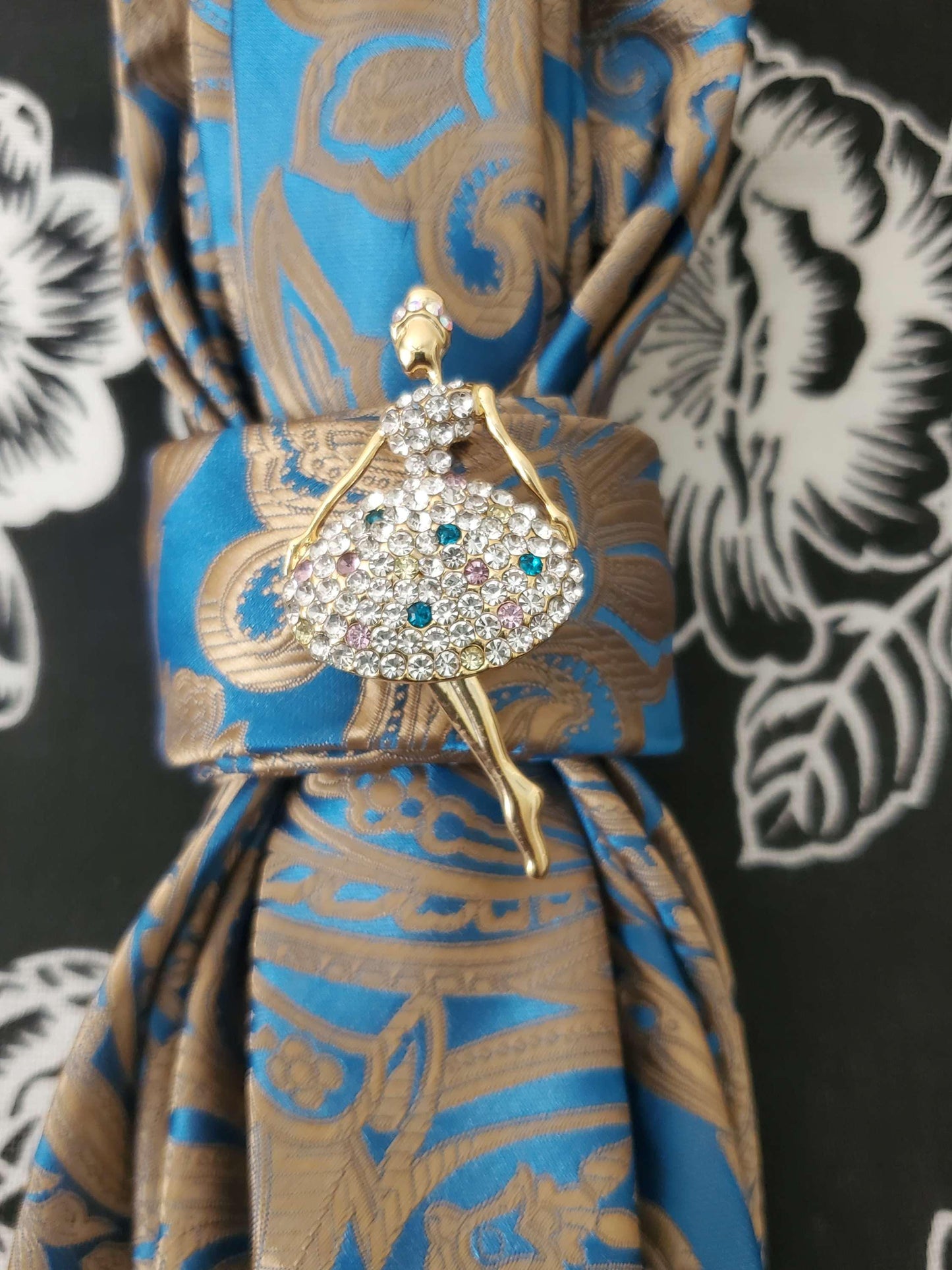 Teal Gold Paisley Tie Necklace: Ballerina Brooch, Handcrafted Neckwear