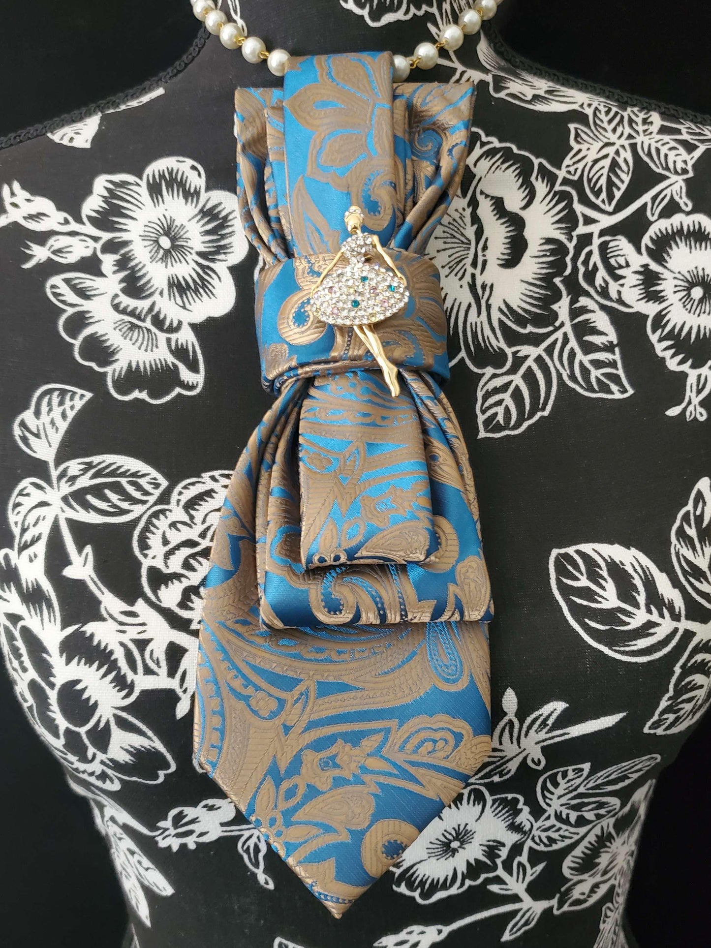 Teal Gold Paisley Tie Necklace: Ballerina Brooch, Handcrafted Neckwear