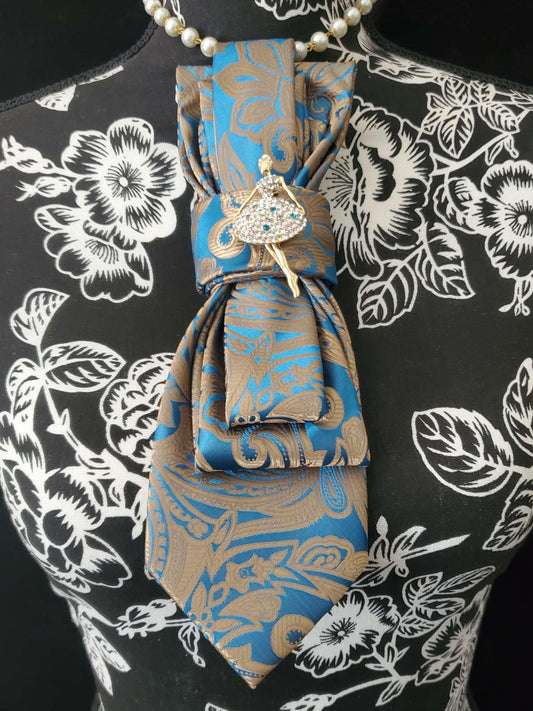 Teal Gold Paisley Tie Necklace: Ballerina Brooch, Handcrafted Neckwear