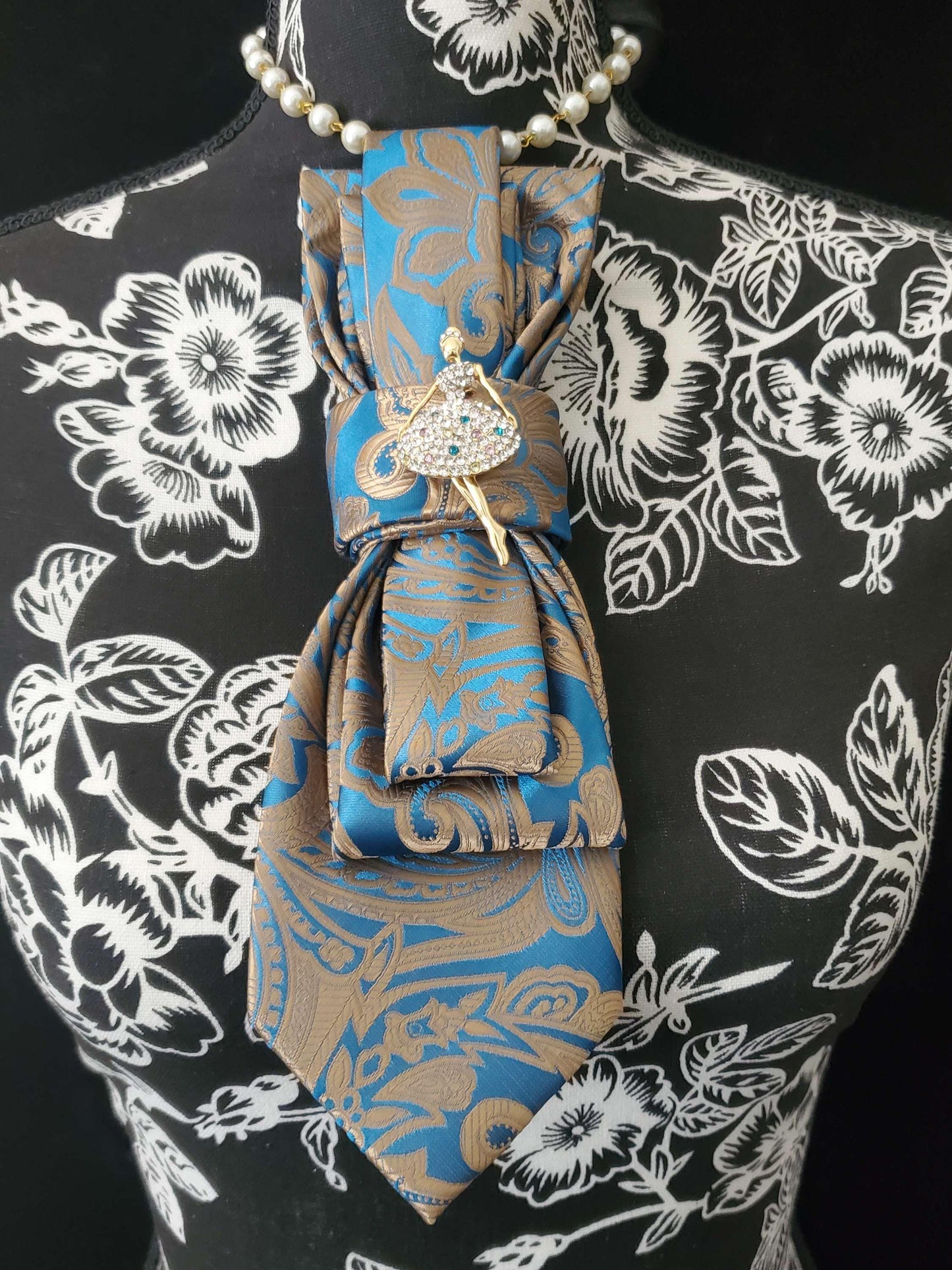 Teal Gold Paisley Tie Necklace: Ballerina Brooch, Handcrafted Neckwear