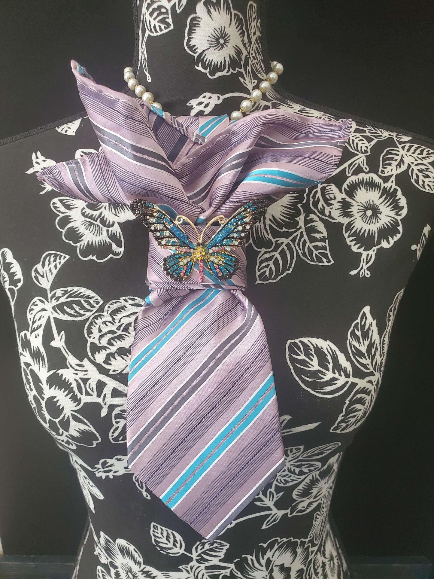 Purple Stripe Women's Tie- Butterfly Brooch Necklace