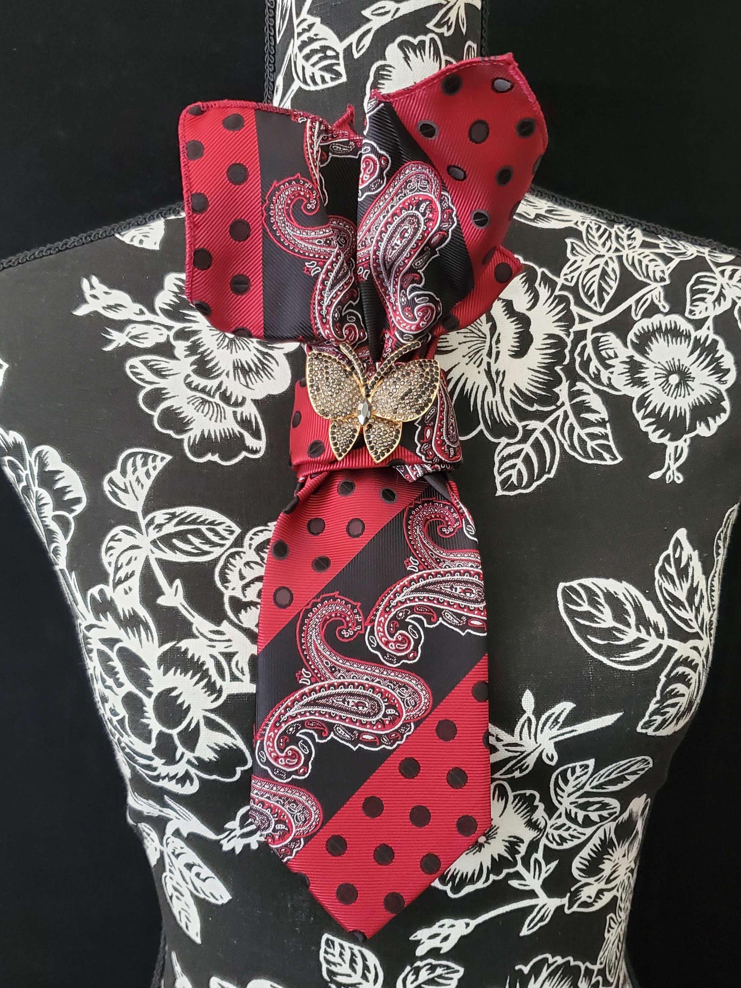 Red Paisley Women's Tie- Butterfly Brooch Necklace