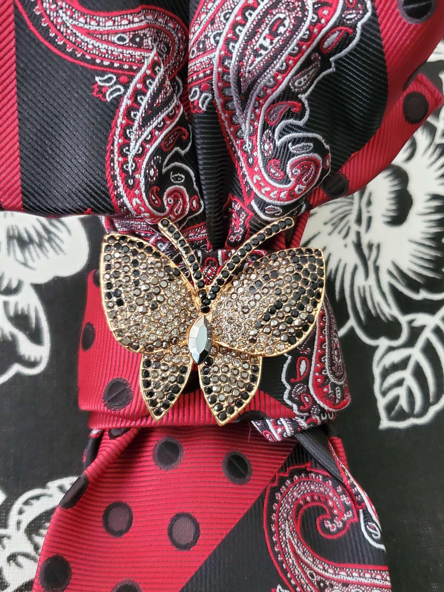 Red Paisley Women's Tie- Butterfly Brooch Necklace