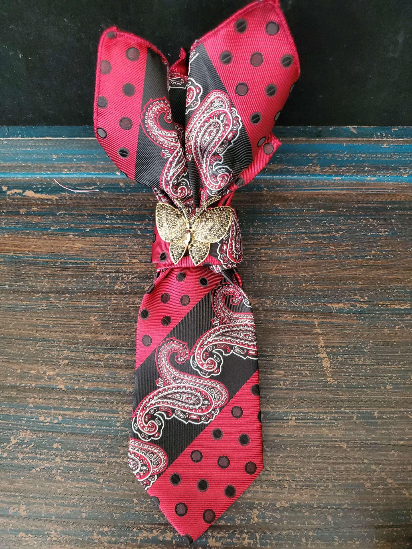 Red Paisley Women's Tie- Butterfly Brooch Necklace