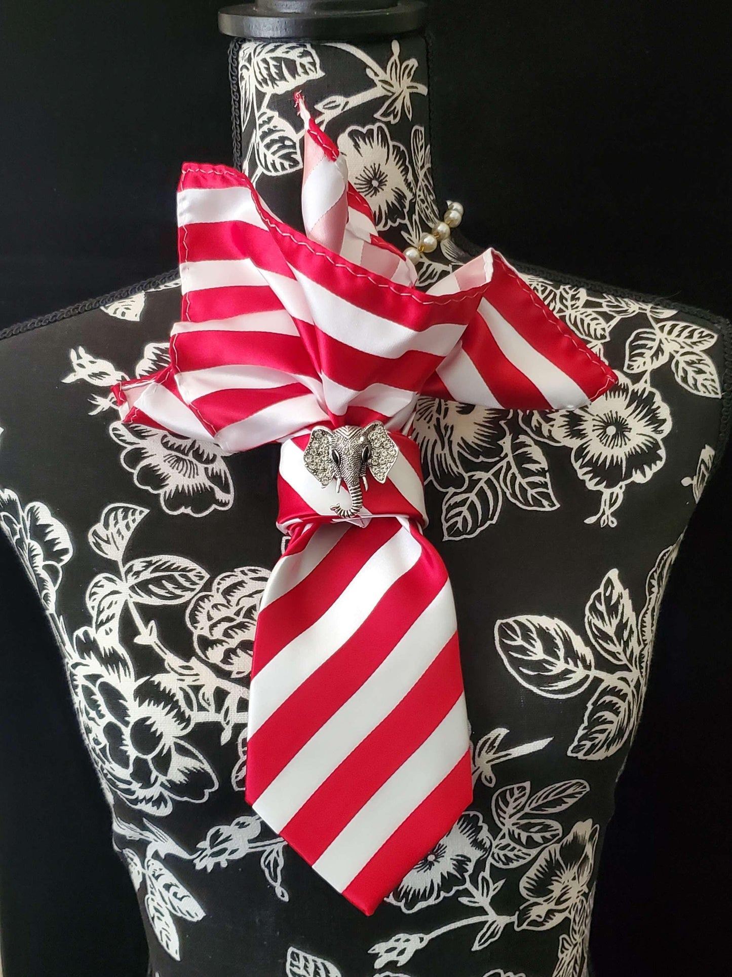 Red and White Stripe Women's Necktie Necklace - Handcrafted Jewelry - Elephant Brooch Necktie - Stylish Neckwear For Women